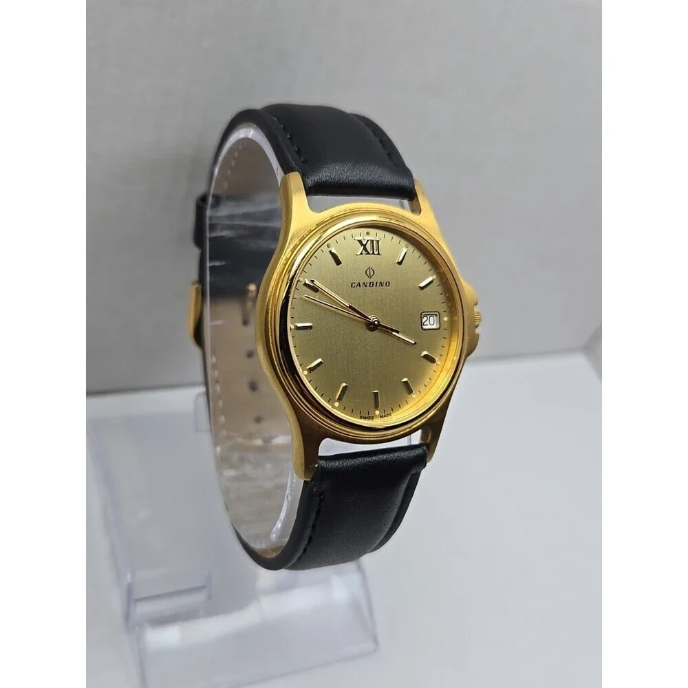 Candino Swiss Made Gold Tone Date Dress Watch Leather Band New Battery Ref 13854